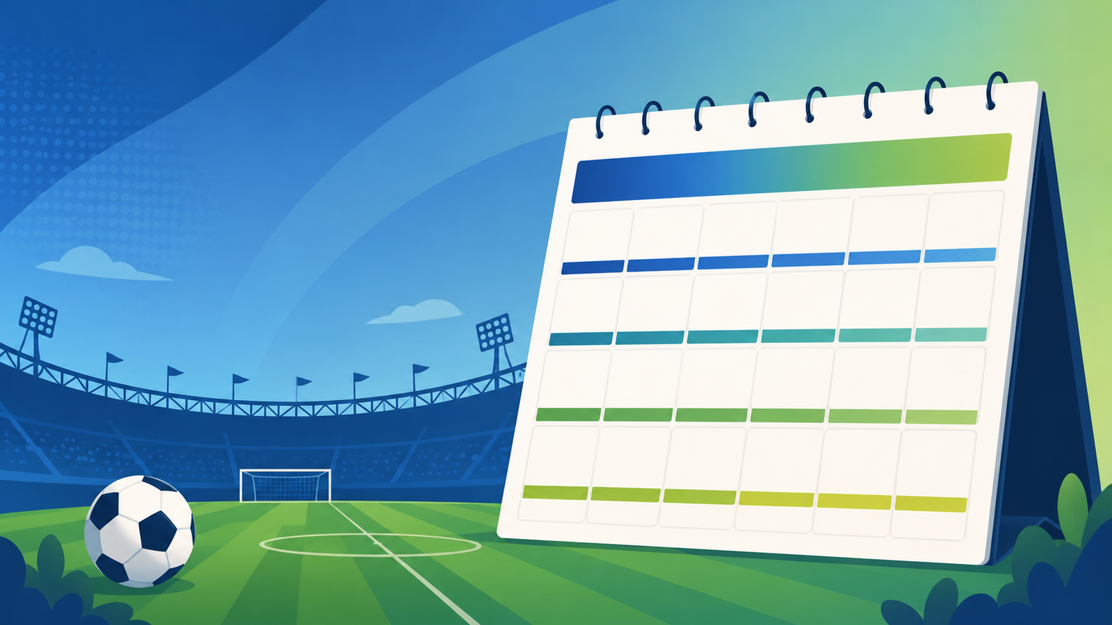 Premier League 2026-27 season schedule calendar with football and stadium illustration